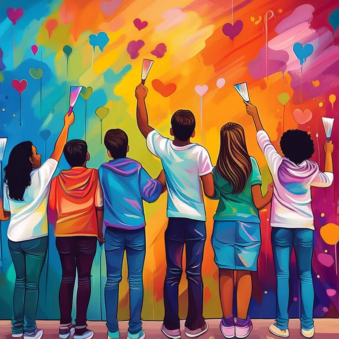 Adobe Express AI generated image from this prompt: 
A group of students creating a large, colorful mural with messages of kindness and love, paintbrushes in hand