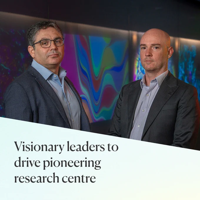 Dr Michael Christie (L) and Associate Professor Edwin Hawkins have been appointed to lead the Colonial Foundation Diagnostics Centre. They are photographed together, with a headline reading 'Visionary leaders to drive pioneering research centre'