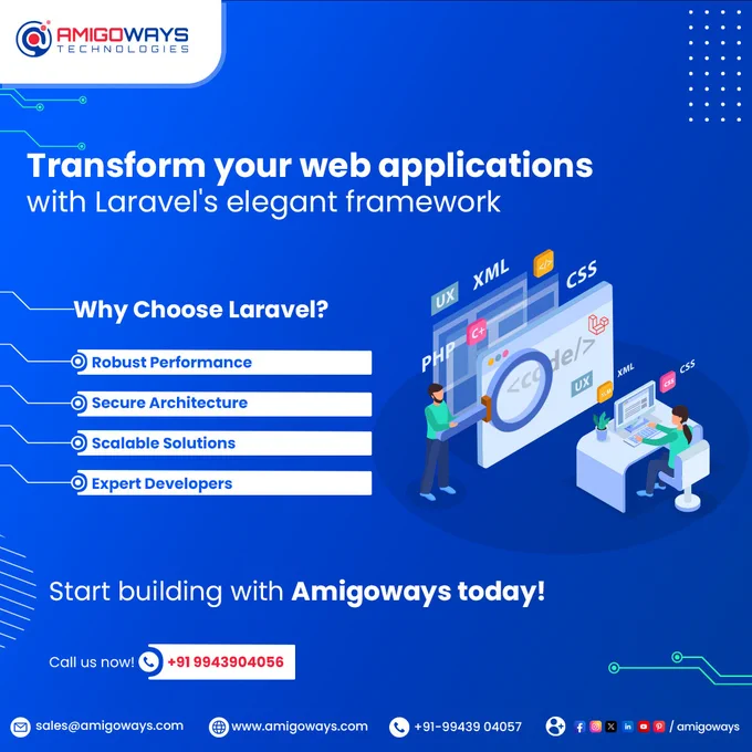 🚀 Transform Your Web Applications with Laravel's Elegant Framework! 🚀

Why Choose Laravel?

🔹 Robust Performance
🔹 Secure Architecture
🔹 Scalable Solutions
🔹 Expert Developers

With Amigoways, you’re not just building an app; you're creating a secure, scalable, and high-performing digital experience. Start your journey with our expert Laravel developers today! 🌐💻

📞 Call us now!  91 99439 04056
📧 Email: sales@amigoways.com
🌍 Website: www.amigoways.com/laravel-development-company-in-india

#Amigoways #LaravelDevelopment #WebDevelopment #LaravelExperts #SecureArchitecture #ScalableSolutions #WebApplicationDevelopment #DigitalTransformation #TechInnovation