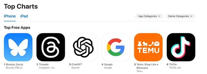Bluesky Social as the #1 free app in the App Store rankings