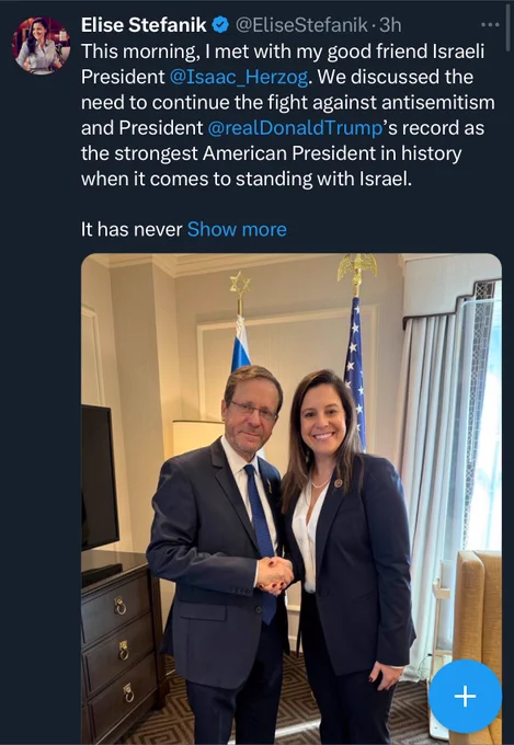 Elise Stefanik meeting and praising Israeli president and second pic is Biden doing the same