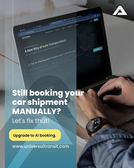 Still booking your car shipment manually? It's time to ditch the old-school methods and embrace the future of car shipping with Universal Transit’s AI-powered platform. We make vehicle transport faster, easier, and more efficient. With just a few clicks, you can get instant quotes, providing accurate pricing in seconds. Our simplified online booking system ensures a hassle-free experience, and our AI optimizes routes to guarantee faster delivery. Plus, you can track your car’s journey in real-time, from pickup to delivery, giving you peace of mind throughout the entire process. Why spend time with outdated, manual methods when you can enjoy streamlined, AI-driven efficiency? Upgrade to AI booking today, and see how Universal Transit revolutionizes the way you ship your vehicle. Whether you're moving across the country or transporting a prized car, we make the experience smooth and reliable. Visit us now and book your car shipment with ease!
