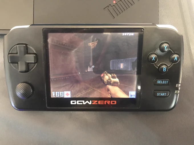 Handheld console based on a Vivante GPU displaying Quake 2 running on it.