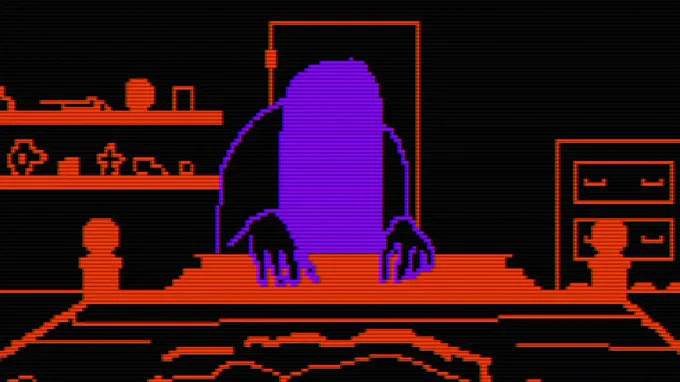 A scene from an 8-bit horror game. We see from the perspective of someone in a bed, who is looking down at a purple, long haired figure hunched over the end of the bed, with their hands on the bed post. 