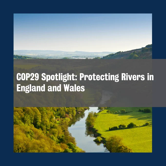A river running between greenery with the text: COP29 Spotlight: Protecting Rivers in England and Wales