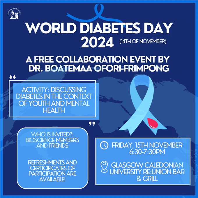 Do you know anyone in your life that suffers from diabetes? Come and learn more about diabetes at our World Diabetes Day talk, set up by postdoctoral researcher Dr Boatemaa Ofori-Frimpong at the Re:Union bar from 6.30pm-7.30pm on Friday 15th November.