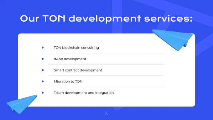 A simple, clean graphic titled "Our TON development services," listing five services: "TON blockchain consulting," "dApp development," "Smart contract development," "Migration to TON," and "Token development and integration." The design includes bullet points and a light blue background with a paper airplane icon in the corner, suggesting guidance and support in blockchain development.