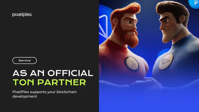 Two superheroes TON and PixelPlex stand side by side with serious expressions, representing partnership and strength. Text overlay says, "As an official TON partner, PixelPlex supports your blockchain development," with a small label reading "Service." This image conveys a sense of reliability and expertise in TON blockchain services.