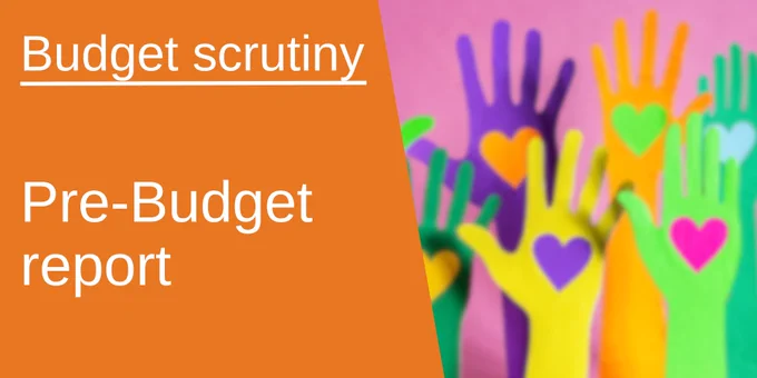 A graphic which says: "Budget scrutiny - Pre-Budget report" beside a picture of raised hands.