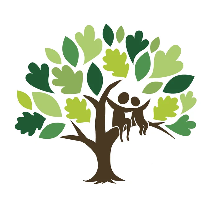 logo of tree with brown trunk and green leaves, plus two cartoon figures sitting in the branches 
