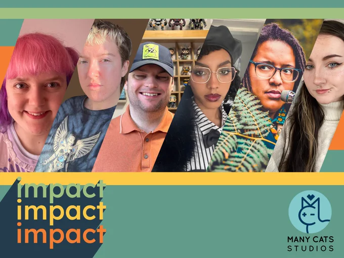 6 profile pics are lined with diagonal cuts across a green background. From left to right; Laurenora Swain, Hollie Page, Sightless Kombat, iPetrichora, Jonas Gawe and Liv Arnell.