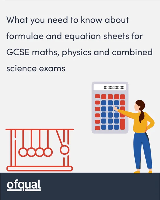 What you need to know about formulae and equation sheets for GCSE maths, phyiscs and combined science exams in navy blue. Illustration of a large calculator. A female is pressing a button. She has brown hair tied back, yellow jumper and shoes and jeans.