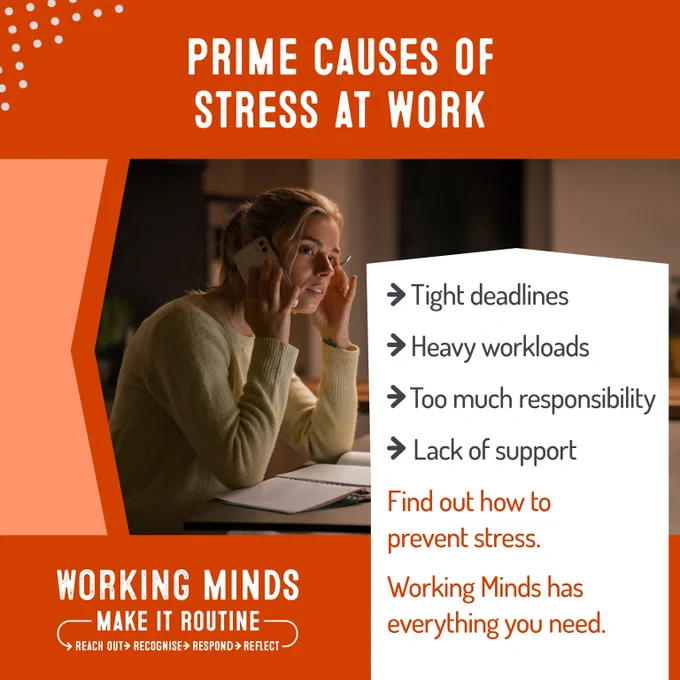 PRIME CAUSES OF STRESS AT WORK

Tight deadlines
Heavy workloads
Too much responsibility
Lack of support

Find out how to prevent stress.
Working Minds has everything you need
