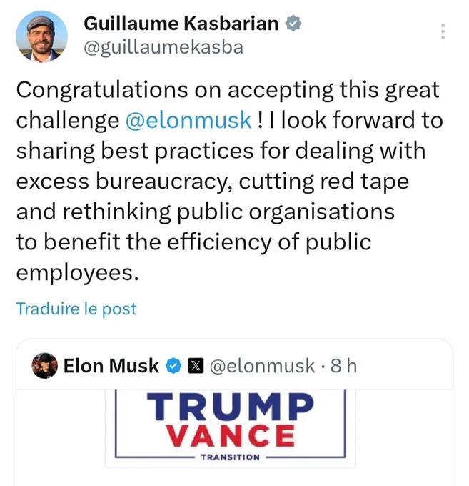Capture d'écran du tweet de Guillaume Kasbarian : "J'ai hâte de pouvoir partager nos bonnes pratiques dans la lutte contre la bureaucratie excessive et la paperasse et pour repenser les organisations publiques au bénéfice de l'efficacité des agents publics"