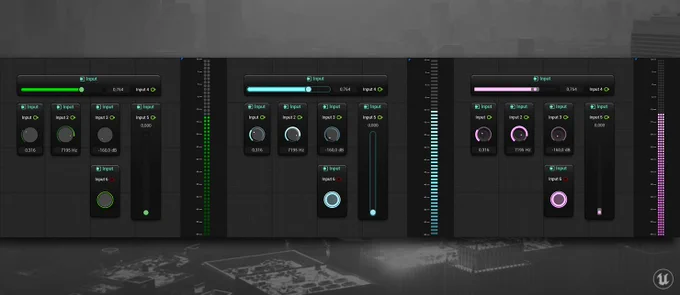 Audio Widgets from UE 5.5, showing vertical and horizontal sliders, encoders, and meter.