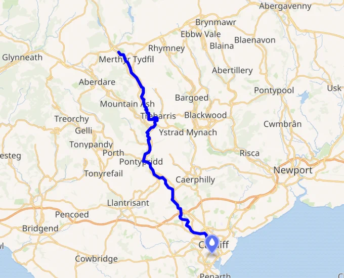 A map showing the route of the Taff, from Merthyr Tydfil, through Treharris and Pontypridd, down to Cardiff, as it empties out into the Bristol channel. 