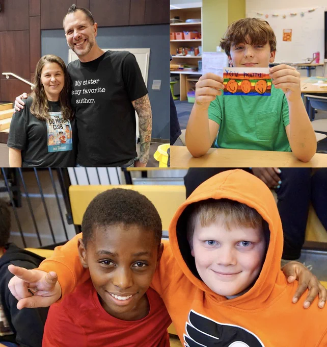 A collage of three images from author Dana Kramaroff's visit to Black Rock. In the top left, Dana poses for a picture with her brother. To the right, a student holds up a message he wrote that reads: YOU MATTER. The third photo features two smiling students sitting with the arms around each other. 