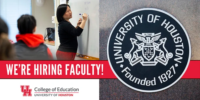 Teacher writing on a whiteboard. She has black hair, a black shirt and a red skirt with students looking on: We're Hiring Faculty! University of Houston College of Education