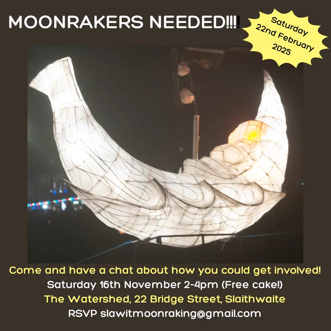Photo of an illuminated window lantern in the shape of a crescent moon at Slaithwaite Moonraking Festival 