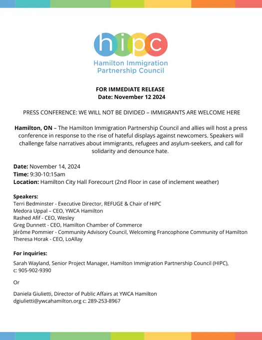  Image of a press release with text in center outlining the description of the event, date, speakers and contact information. HIPC logo featured in center of page. Multicoloured banner located at top and bottom of page. 