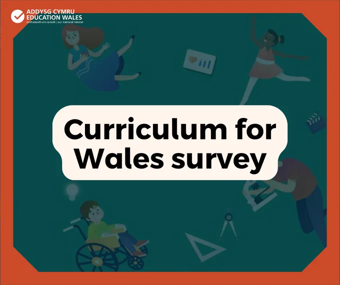 'Curriculum for Wales survey' on a cream background with an image of different characters and an orange border.