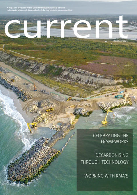 Front cover of Current magazine featuring an aerial coastal view of a spit of land