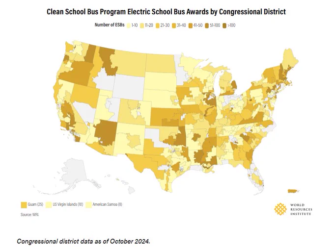 A map showing the destination of Clean School Bus Program awards by US congressional district.