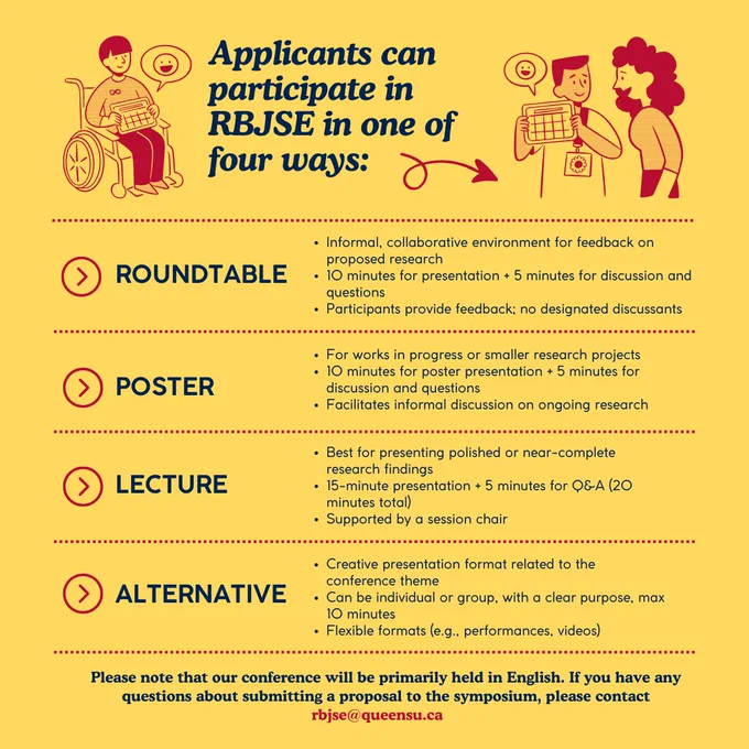 Explanation of presentation formats for the symposium. Four options are available: roundtable, poster, lecture, and alternative format. Each format includes details on presentation time and structure. Illustration shows participants in various presentation settings, including a person using a wheelchair.