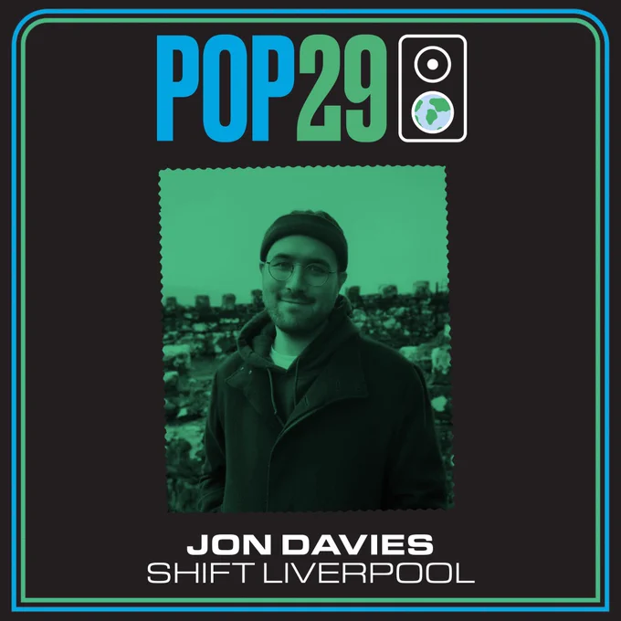 A black, blue, green and white square graphic with the POP29 logo at the top and a headshot of Jon Davies in the middle.