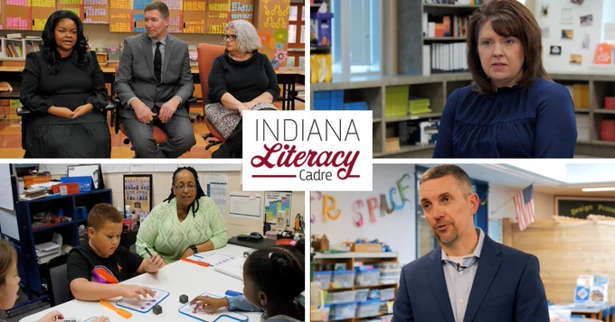 Four photographs are pictured to emphasize how the Indiana Literacy Cadre supports the community instructional coaches, administrators, and literacy Training Support Specials