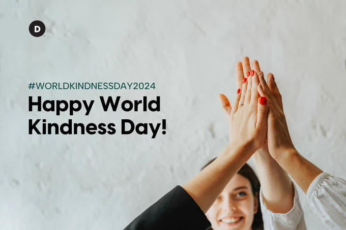 Three people putting their hands together above their heads palms forward with the text "Happy World Kindness Day" below the hashtag "World Kindness Day 2024"