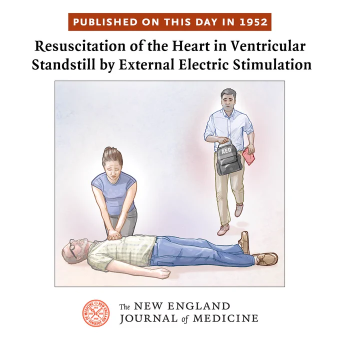 PUBLISHED ON THIS DAY IN 1952 
Resuscitation of the Heart in Ventricular Standstill by External Electric Stimulation 

A patient having an out-of-hospital cardiac arrest is attended to by a lay rescuer performing chest compressions while another lay rescuer is returning to the patient with an automated external defibrillator (AED). 
