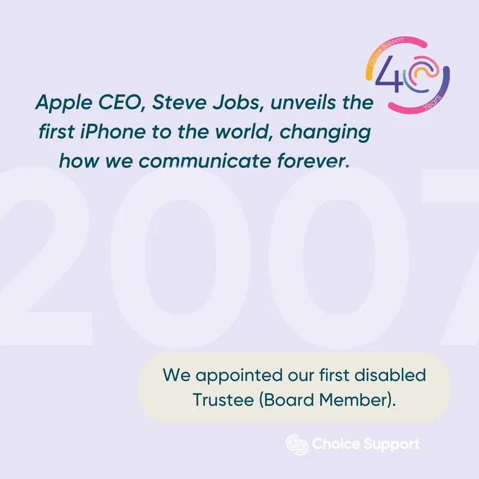 The year 2007 in large font on a pastel background with Choice Support 40th anniversary logo.