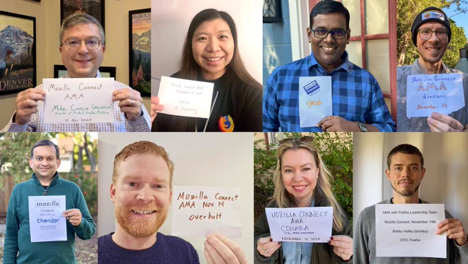 A collage of photos featuring the Firefox leadership team, they are all holding signs up that say "Mozilla Connect AMA Nov 14" and signed by them. 