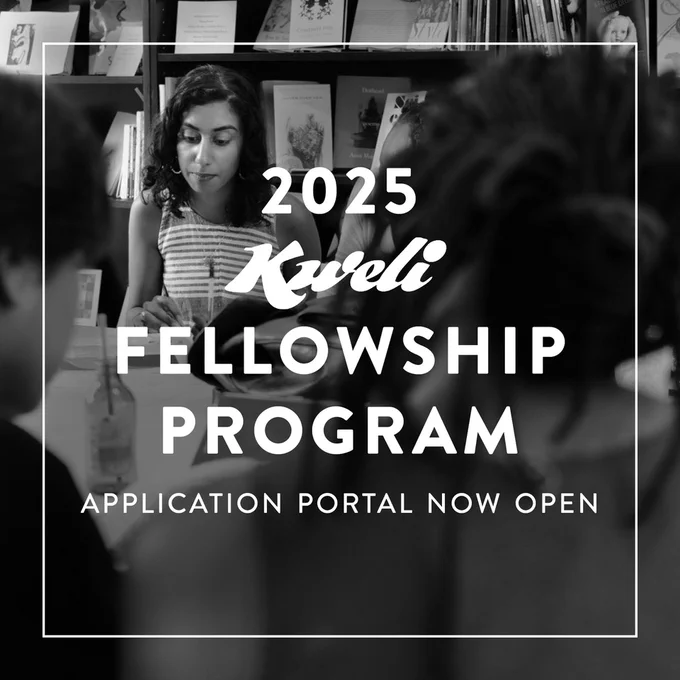 Program announcement for Kweli fellowship program featuring a black and white photo of writers discussing their work. TEXT: 2025 Kweli Fellowship Program Application Portal Now Open. 
