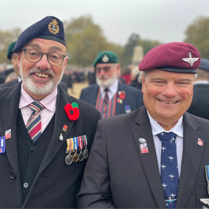 Blind veteran Stephen and his guide Jason at the London Cenotaph.