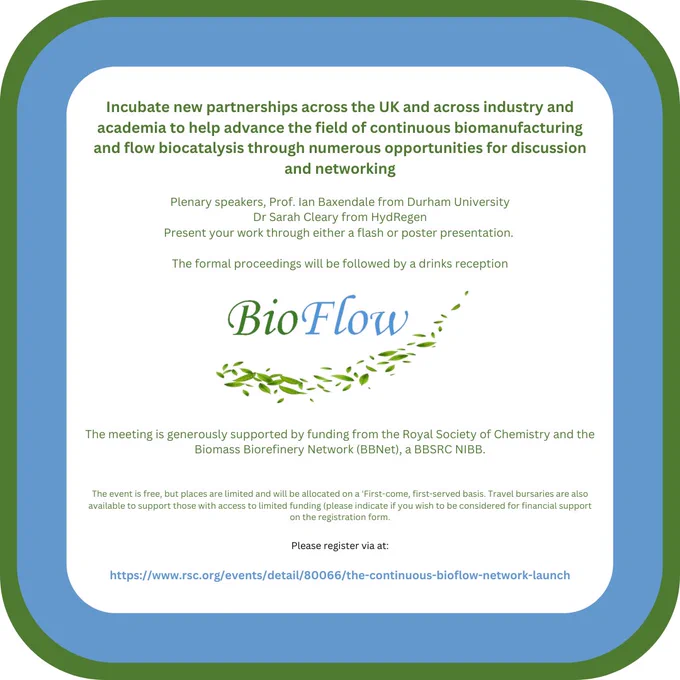 Square with blue and green surround with BioFlow logo in the centre and surrounded by text about the event