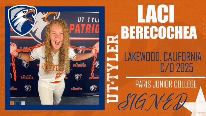 Signing Day graphic featuring Laci Berecochea from Lakewood, California.  Laci is pictured in a Patriot uniform posing with an orange chain.