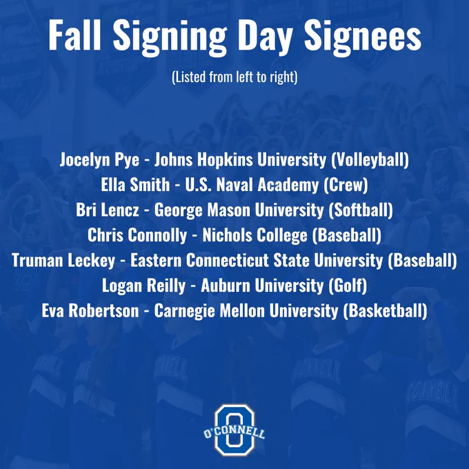 Fall Signing Day Signees

(Listed from left to right)

Jocelyn Pye - Johns Hopkins University (Volleyball)
Ella Smith - U.S. Naval Academy (Crew)
Bri Lencz - George Mason University (Softball)
Chris Connolly - Nichols College (Baseball)
Truman Leckey - Eastern Connecticut State University (Baseball)
Logan Reilly - Auburn University (Golf)
Eva Robertson - Carnegie Mellon University (Basketball)