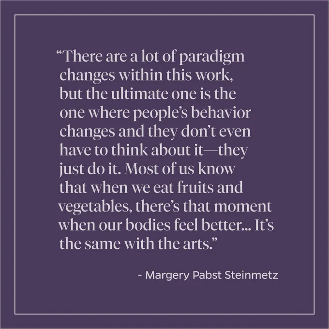 A quote from Margery Pabst Steinmetz that reads: “There are a lot of paradigm changes within this work, but the ultimate one is the one where people's behavior changes and they don't even have to think about it. They just do it. Most of us know that when we eat fruits and vegetables, there's that moment when our bodies feel better ... It’s the same with the arts.” 