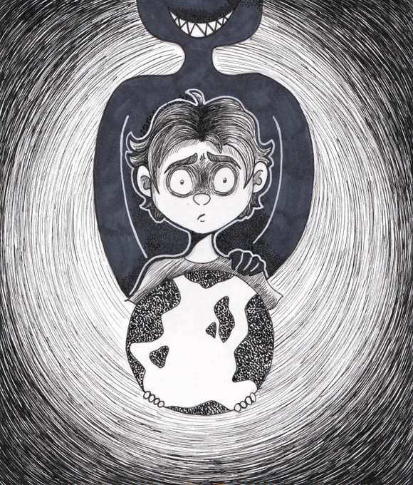 A black and white image of a person, with a menacing shadowed figure behind them. They look distressed, and are holding their 'world' in their hands. 