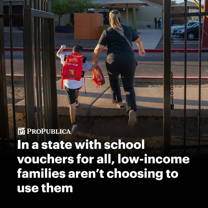 Text: In a state with school vouchers for all, low-income families aren’t choosing to use them. Background image: A mom and her child, who is wearing a bright red backpack, run through school gates.