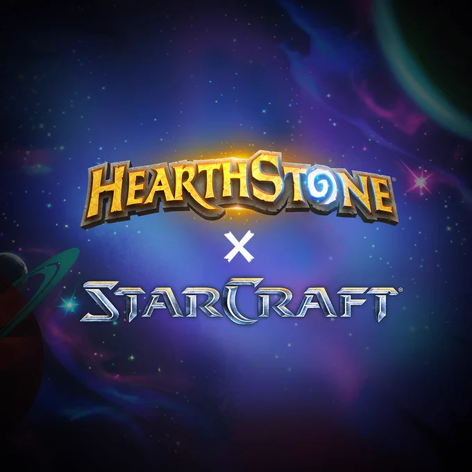 Image shows the text "Hearthstone x Starcraft," spelled out with the logos for each game. The background is a purple, spacey void.