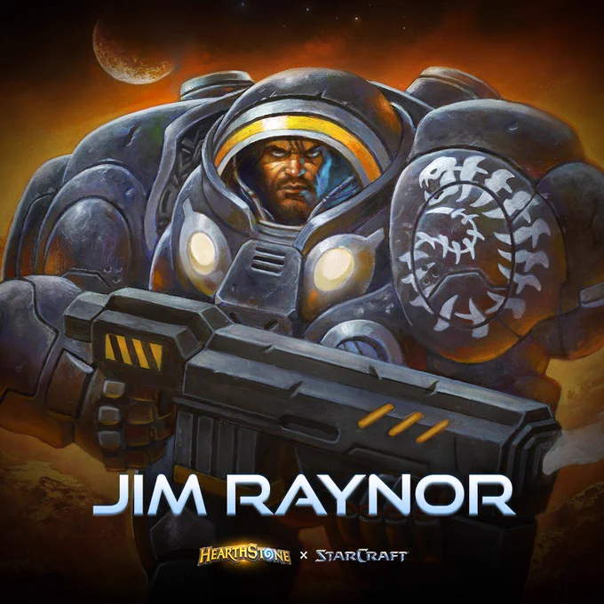 Image shows a bearded human in a massive suit of grey Terran armor. He's holding a rifle with smoke emanating from the end of the barrel. Text reads "Jim Raynor - Hearthstone x Starcraft."