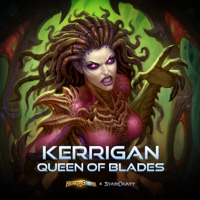 Image shows a human woman corrupted by a Zerg infection, with tendrils of hair, thin wings, and spiky bone growths on her arms, chest, and shoulders. Her eyes glow purple as she scowls. Text reads "Kerrigan, Queen of Blades - Hearthstone x Starcraft."