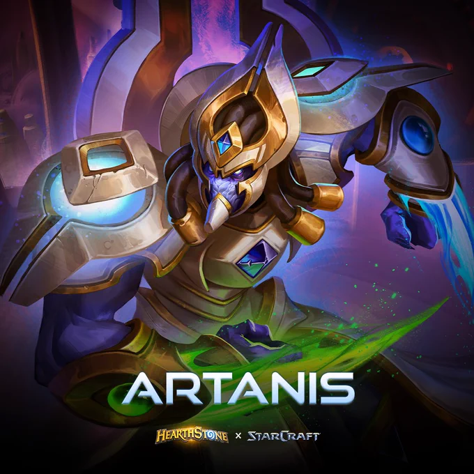 Image shows a Protoss, a blue, mouthless alien in white armor highlighted with blue crystals. Blades of green and blue energy protrude from his wrist gauntlets. Text reads "Artanis - Hearthstone x Starcraft."