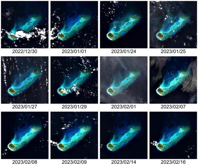 12 images des îles Glorieuses datées du 30 décembre 2022 au 16 février 2023. La couverture nuageuse varie selon les images, ainsi que la couleur de la lagune.