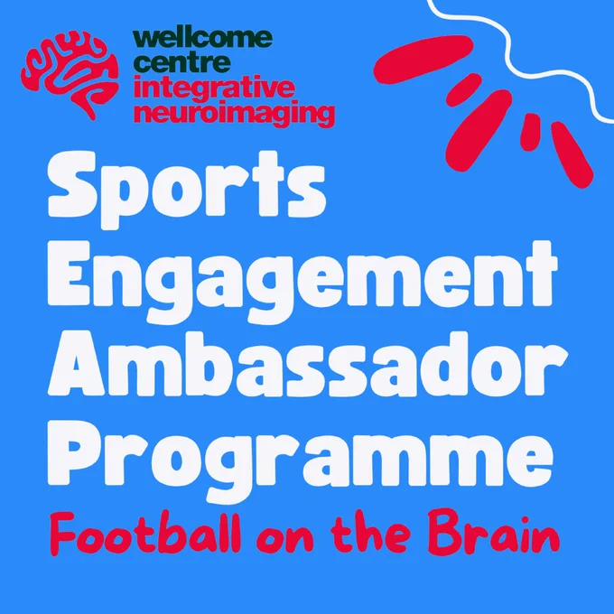A graphic with light blue background and text in white and red reading: "Wellcome Centre, integrative neuroimaging. Sports Engagement Ambassador Programme. Football on the Brain". There is a red icon for a brain in the top left and white and red shapes in the top right to make it more eye catching.