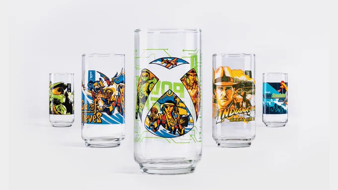 Retro-style fast food Xbox glassware from IHOP.

From left to right: Halo Infinite, Sea of Thieves, a combination Xbox glass for all four games, Indiana Jones and the Great Circle, and Microsoft Flight Simulator 2024.