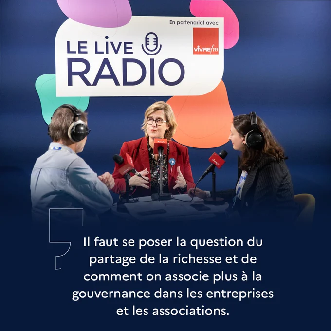 Sur cette illustration, nous pouvons lire une citation de la ministre : « Il faut se poser la question du partage de la richesse et de comment on associe plus à la gouvernance dans les entreprises et les associations. »